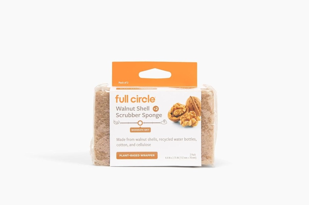 Full Circle Walnut Scrubber Sponges, Pack of 2 – Dual-Sided, Plant-Based & Recycled Kitchen Sponges, Gentle on Nonstick Cookware