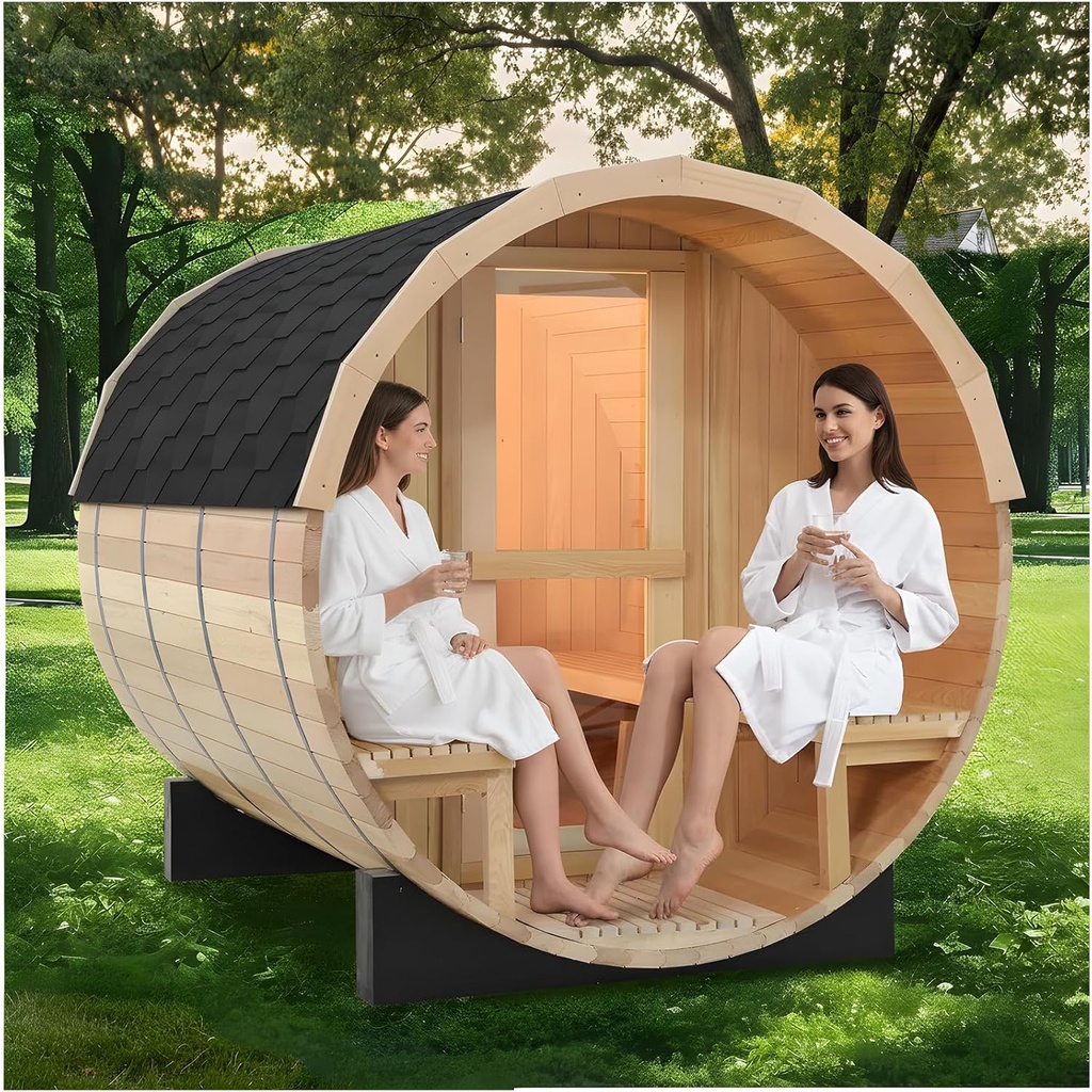 ZONEMEL Outdoor Barrel Steam Sauna, Canadian Hemlock Sauna Room for 6-8 Person, 6KW ETL TOULE Heater, Asphalt Shingles, Canopy Porch, 8mm Tempered Glass, Sauna Stone, Water Bucket, Ladle, Light, 220V