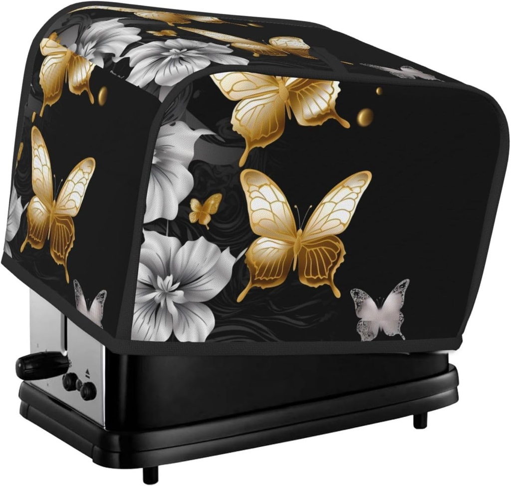 Gold White Butterflies Black Toaster Cover 2 slice Kitchen Small Appliance Covers with Pockets Toaster Dust Cover with Top Handle Oven Cover Washable Universal Bread Maker Cover for Kitchen