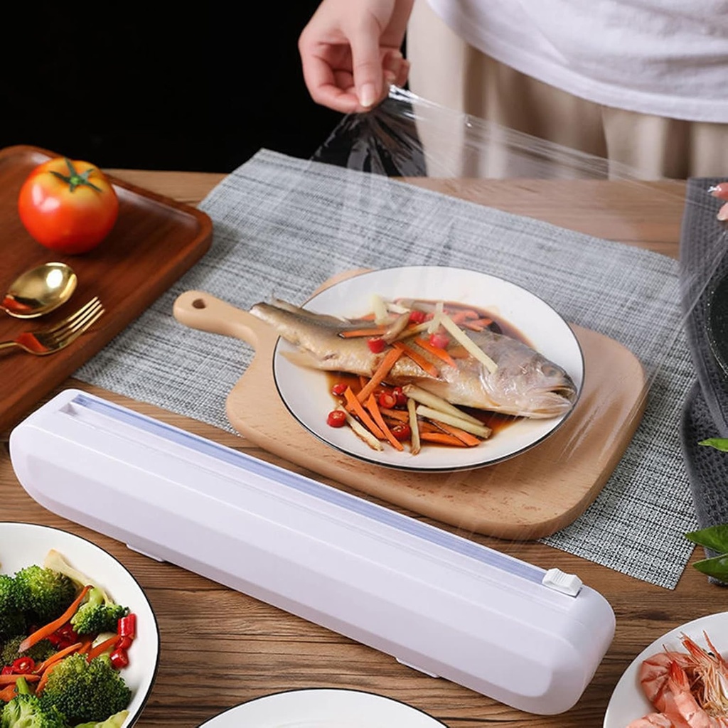 Plastic Wrap Dispenser with Cutter,Reusable Food Wrap Cutter, Cling Film Cutter for Kitchen Drawer,Hangable and Easily fits in Drawer (Color : White)