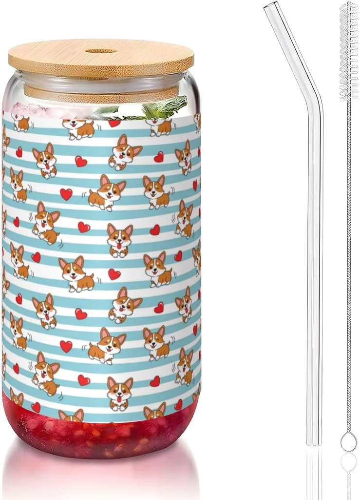 16oz Glass Tumbler with Bamboo Lids Straws, Cute Cartoon Lovely Corgi Dogs And Hearts, Iced Coffee Cup for Women, Reusable Smoothie Tea Glass, Birthday