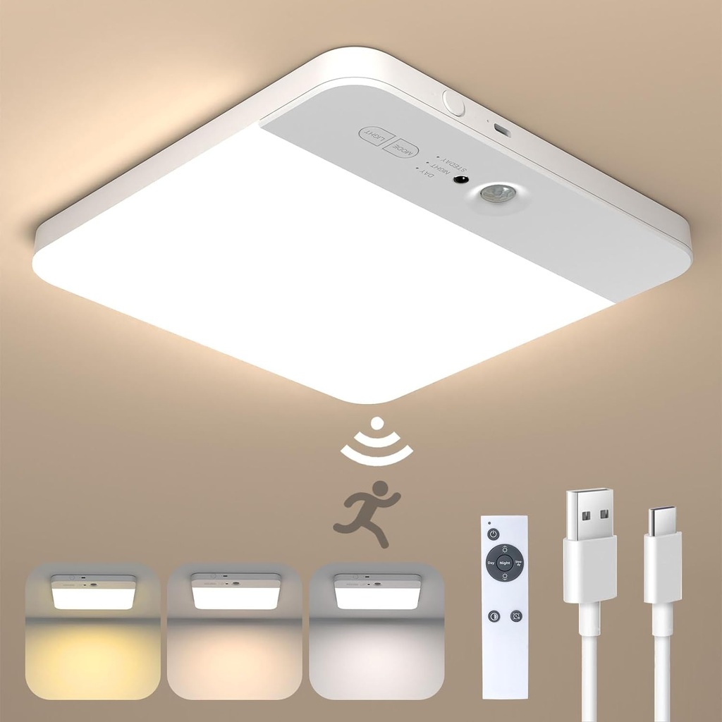 Rechargeable Motion Sensor Ceiling Light with Remote, Wireless Ceiling Lights Battery Operated Closet Light, Waterproof Shower Light for Bathroom,Stairs,Hallway,Garage,Shed