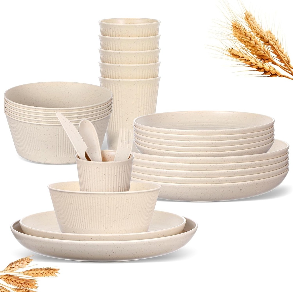 35 Pcs Wheat Straw Dinnerware Sets, Unbreakable Reusable Dinnerware Set Kitchen Cups Plates and Bowls Sets Dishwasher Microwave Safe Plates