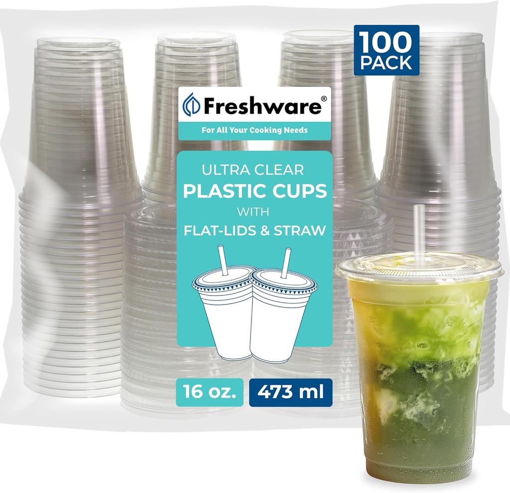 Freshware 16 oz Clear Disposable Plastic Cups with Flat Lids and Straws, 100 Pack Clear Plastic Cups Tumblers, Heavy-duty Party Glasses, Disposable Cups for Thanksgiving, Halloween, Christmas Party