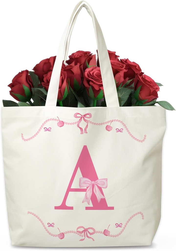 Monogram Canvas Totes with Cherry Bow Design, Reusable Cotton Tote Bag for Travel Shopping Beach