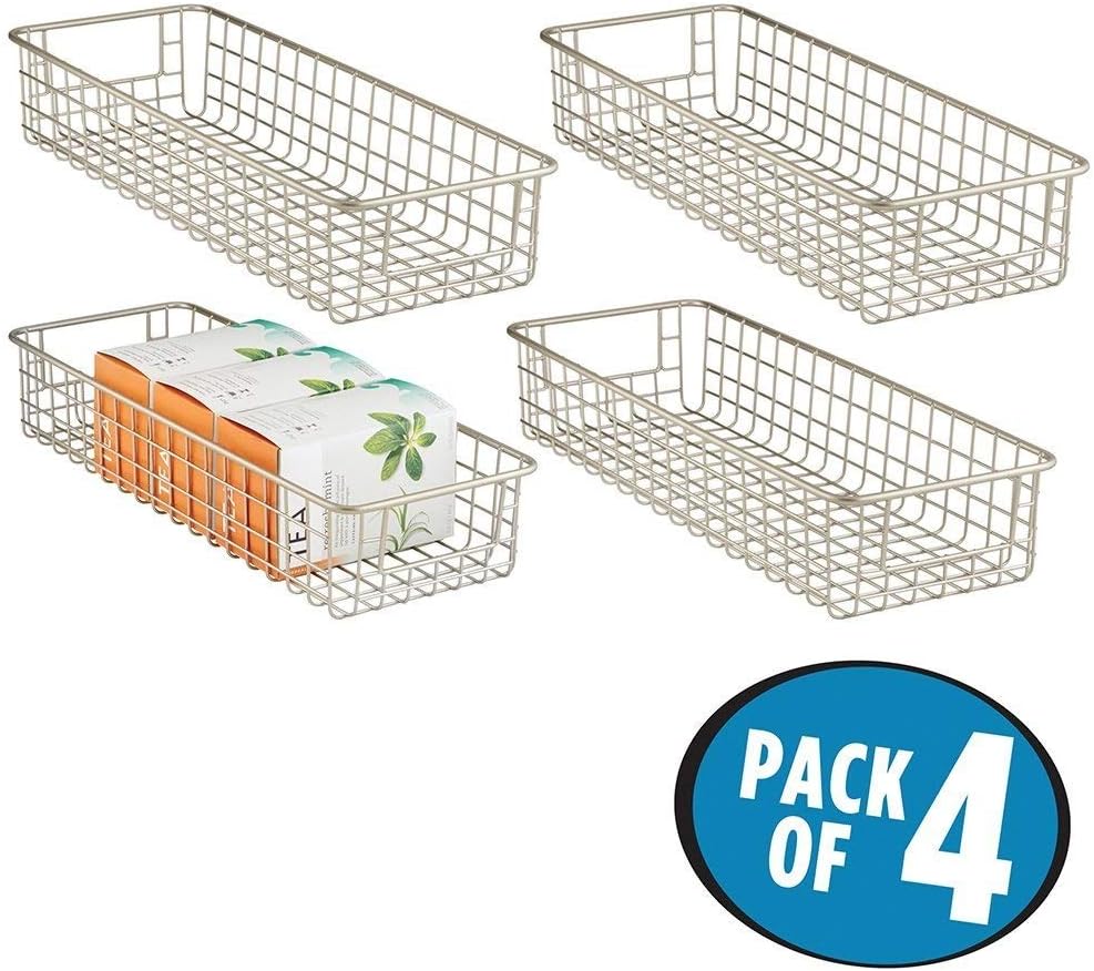 mDesign Metal Wire Food Storage Shallow Basket Organizer with Handles for Organizing Kitchen Cabinets, Pantry Shelf, Bathroom, Laundry Room, Closets, Garage - Concerto Collection - 4 Pack - Satin