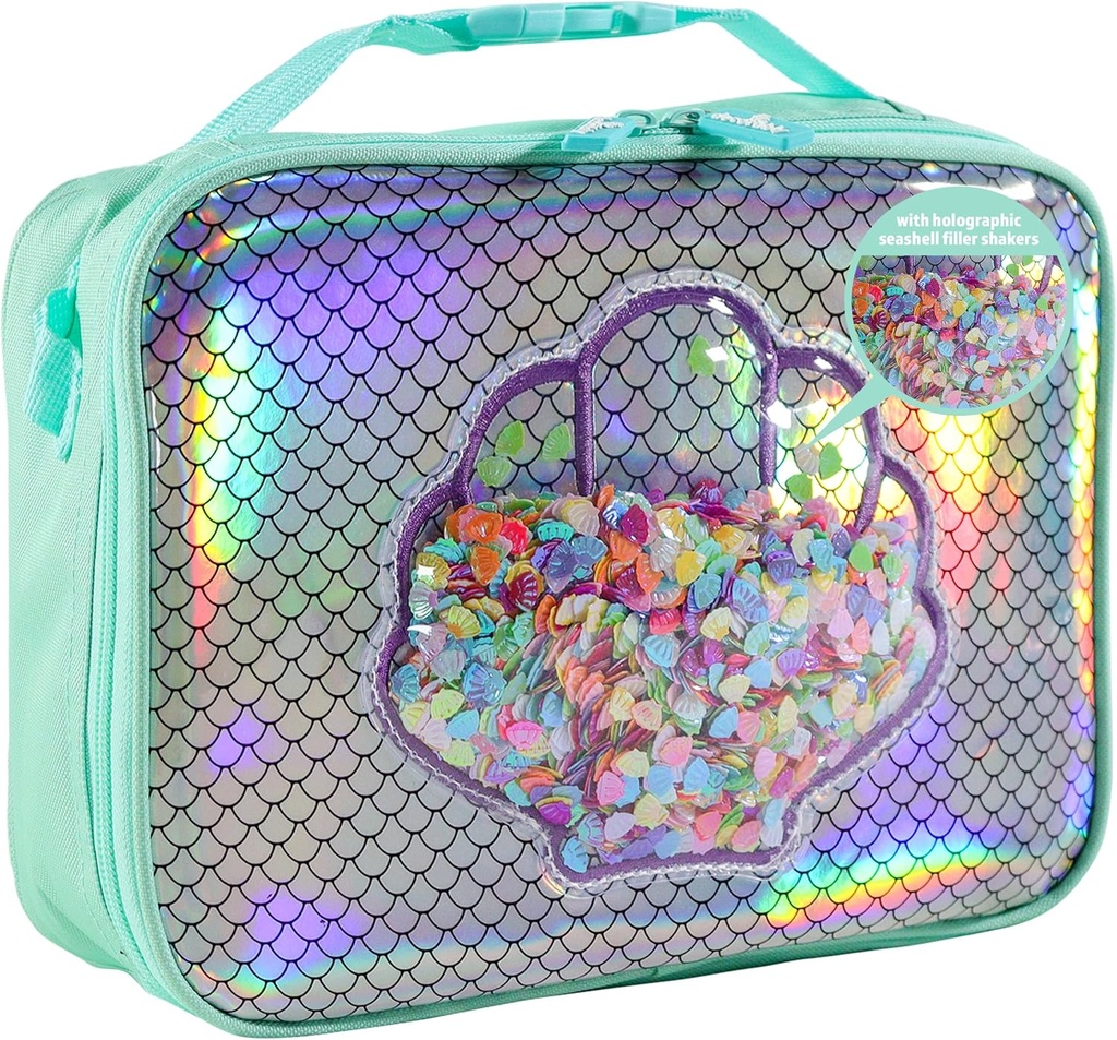 Decorably Insulated Holographic Mermaid Lunch Box for Girls with Seashell PVC and Sequins Design, Easy-to-Clean Mermaid Lunchbox for Girls with Mesh Pocket Inside