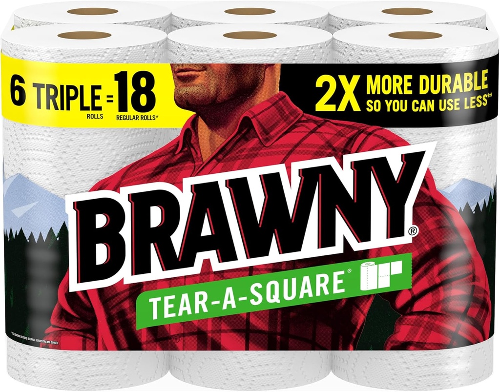 Brawny Tear-A-Square Paper Towels, 6 Triple Rolls = 18 Regular Rolls, 3 Sheet Sizes (Quarter, Half, Full), Strength for All Messes, Cleanups, and Meal Prep