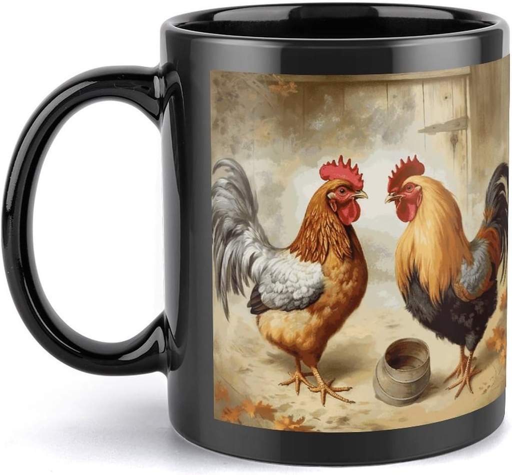 Chicken And Rooster Print Travel Mug Ceramic Large Ceramic Coffee Mugs with Handle, Porcelain Mugs- Perfect for Coffee Tea Espresso Other Beverages