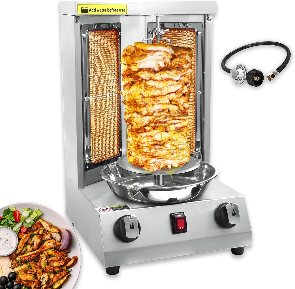 Shawarma Grill Machine Gas Vertical Rotisserie Grill with 2 Burners, Doner Kebab Gyro Meat Trompo Para Tacos Al Pastor Machine, 110V