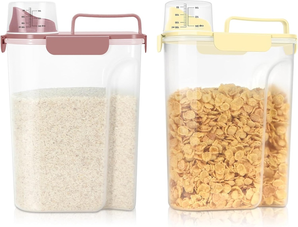 Rice Storage Container, Cereal Containers Storage, Dry Food Airtight Dispenser BPA Free, Clear Plastic Kitchen and Pantry Organization Bin (2, yellow+ Pink, 5.28Qt)