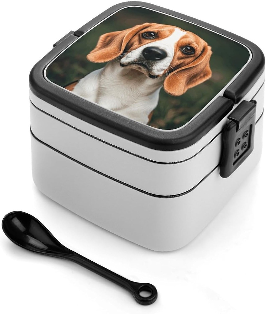 Beagle Dog Bento Box with Spoon, 2-layer Stackable Lunch Box Leak Proof with Invisible Handle, Insulated Food Storage for Office, Picnic & Travel