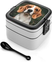 Beagle Dog Bento Box with Spoon, 2-layer Stackable Lunch Box Leak Proof with Invisible Handle, Insulated Food Storage for Office, Picnic & Travel