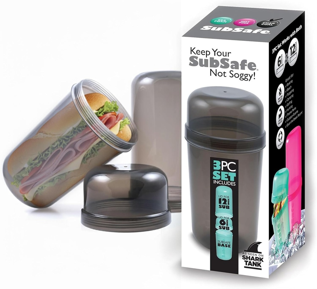 SubSafe 3-Piece Sub Sandwich Container, Charcoal Grey - As Seen on Shark Tank - Waterproof, Crushproof, BPA-Free Food Storage that Floats - Fits 6 & 12 in Subs - Great for Travel, Beach, Camping