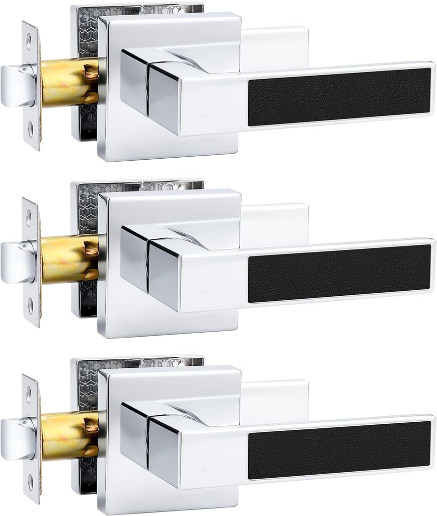 Probrico Square Door Handle with Black Leather Hand Lever, Heavy Duty Keyless Passage Interior Door Levers for Hallway or Closet (Polished Chrome, 3 Pack)