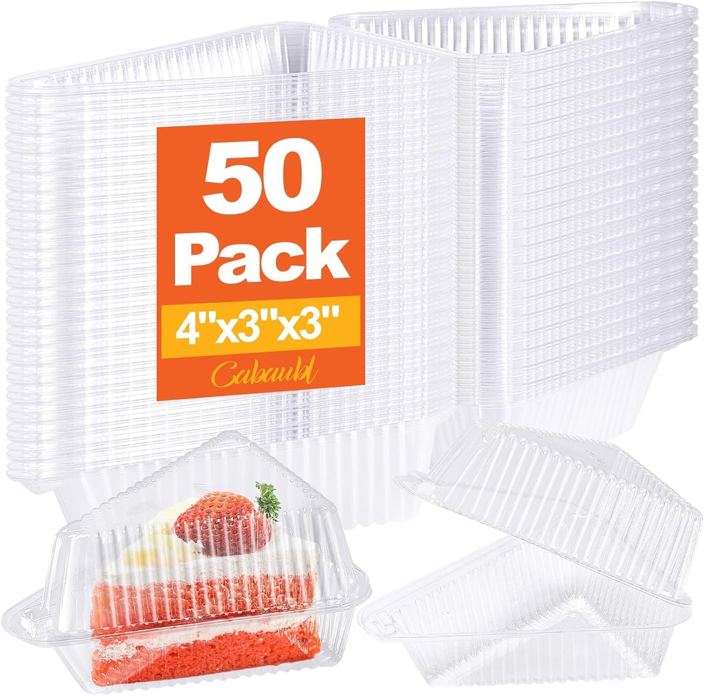 50 Pcs Cake Slice Container With Lids - Clear Plastic Hinged Cheesecake, Transparent Individual Pie Slice, Disposable Triangle Boxes for Flan, Dessert