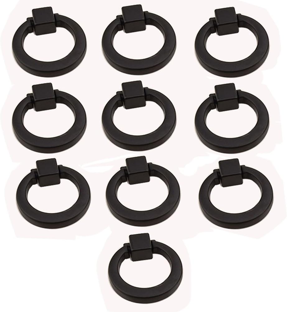 Round Ring knob, 10pcs Ring Pull Handles for Dresser Drawer Ring Pulls Furniture Hardware Brushed Wardrobe Door Handles (Black)