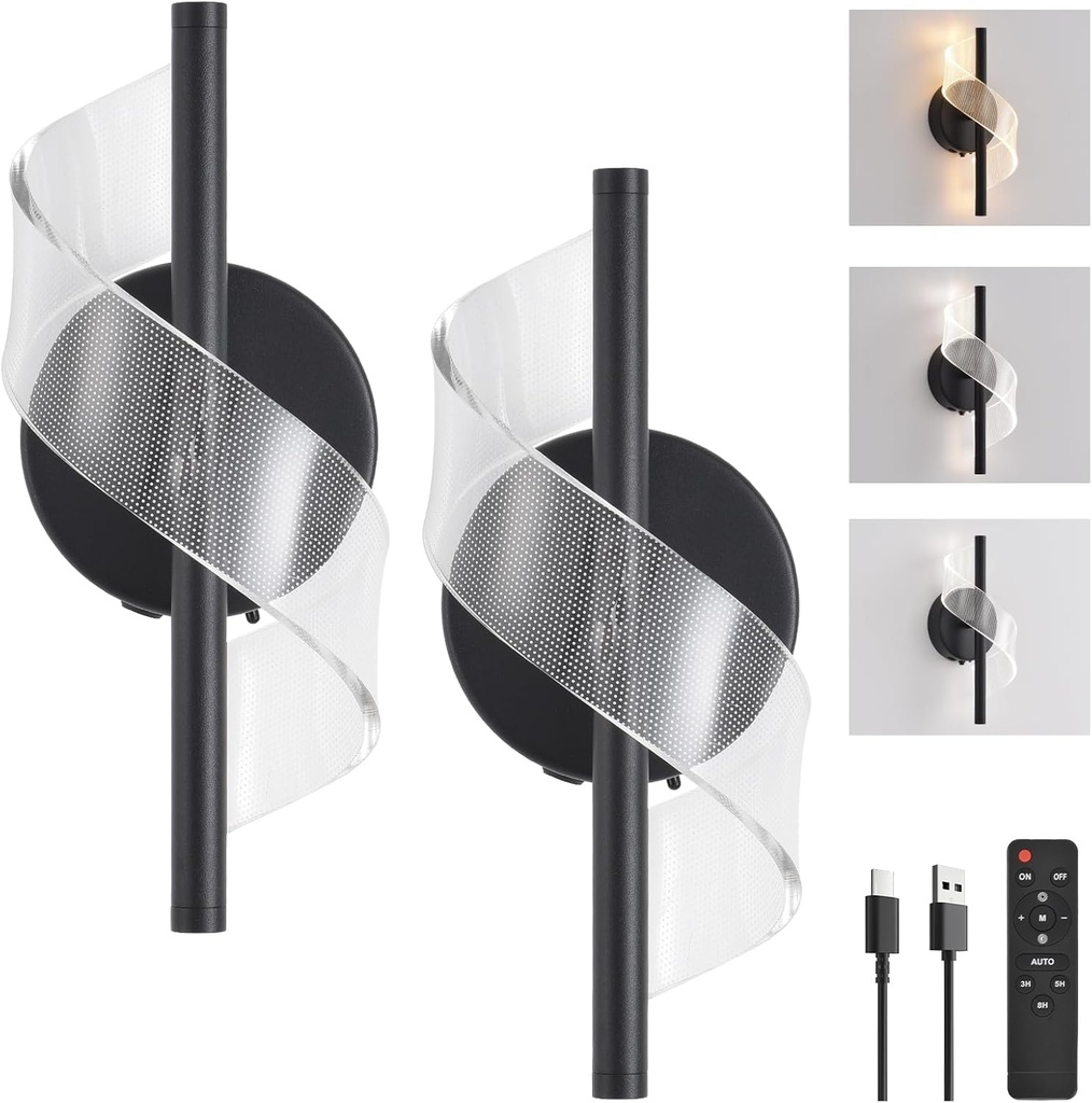 Cordless Wall Sconces Set of 2, Helical Wireless Rechargeable Battery Wall Light with Remote Control Dimmable. Portable Lighting for Wall Painting, Living Room, Bedroom, Night Light. 11.8''Black