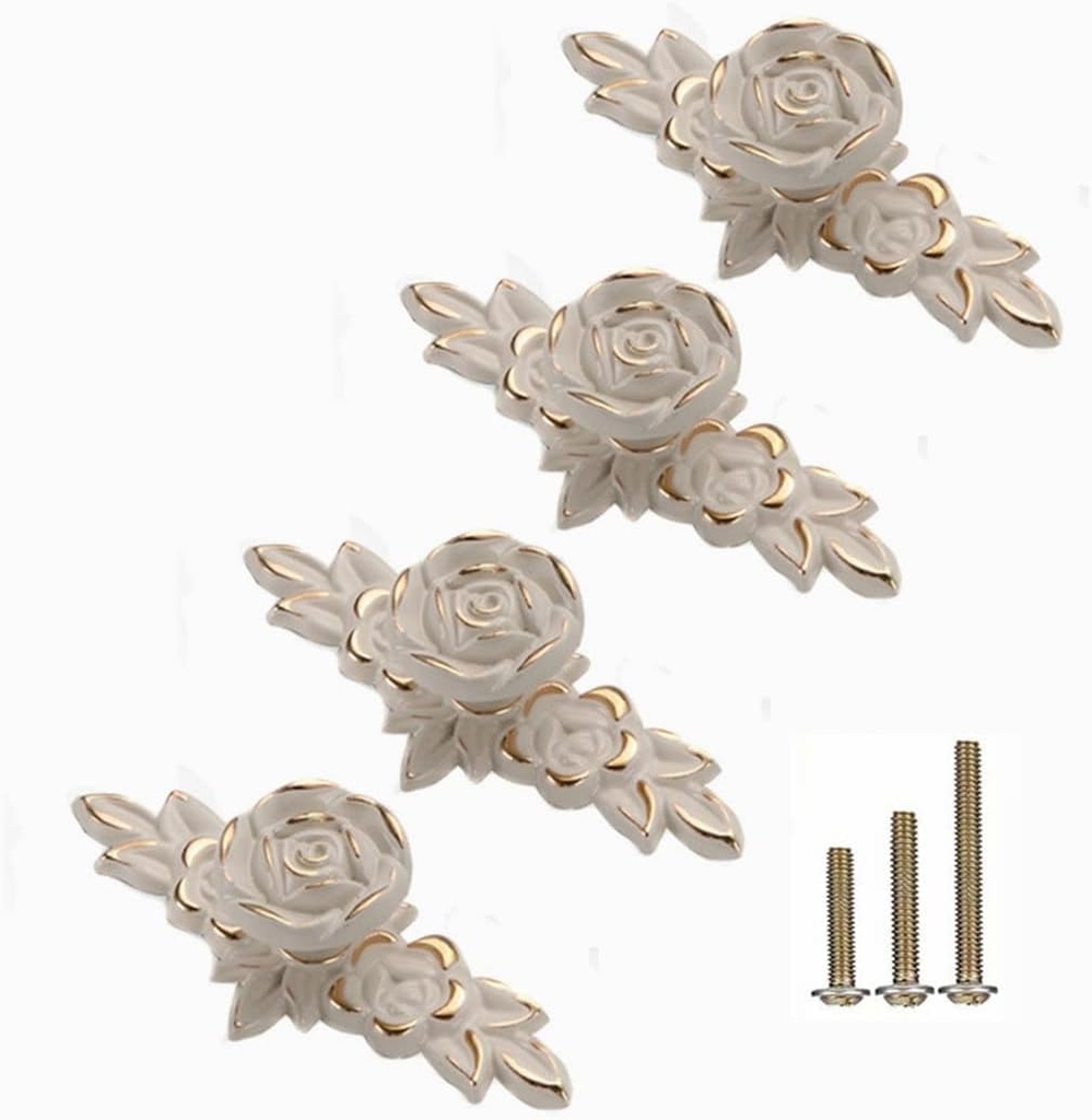 4 Pcs Euro Rose Cabinet Knobs with Backplate, 102mm Vintage Zinc Alloy Flower Drawer Pull Handles for Dresser Vanity Nightstand Cupboard (4.0" Ivory White & Gold Edge)