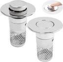 Yakamoz 2Pcs Universal Sink Drain Stoppers, Pop-up Bathroom Sink Stopper Replacement Bathtub Drain Plug with Removable Stainless Steel Strainer Basket Hair Catcher for 1.34"-1.57" Basin Drain Holes