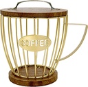 Gold Coffee Pod Holder With Wooden Top, Large Capacity, Sturdy Iron Structure, Coffee Storage Basket With Coffee Design, Ideal For Kitchen And Coffee Setup