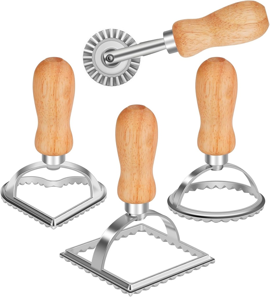 TACGEA Ravioli Stamp Maker Cutter with Roller Wheel (Set of 4), Wooden Handle and Fluted Edge, for Ravioli, Pasta, Dumplings Lasagna, Pierogi