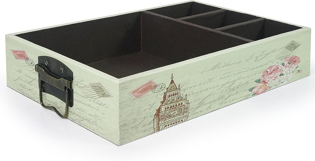 DreamsEden Wooden Decorative Coffee Organizer Station with Handle, Large (15.15''L x 9.25''W x 3''H) - Coffee Tea Bar Countertop Tray for Office, Break Room (Retro Tower)