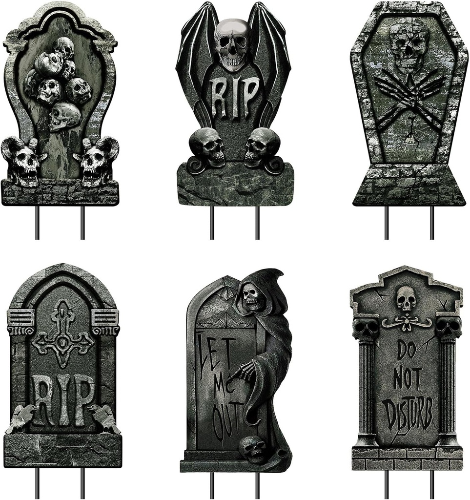 6 PCS 16.9" x9.8" Halloween Yard Signs Graveyard Tombstones Halloween Outdoor Decorations, Gravestones Yard Signs with Stakes Scary Lawn Decor Party Supplies