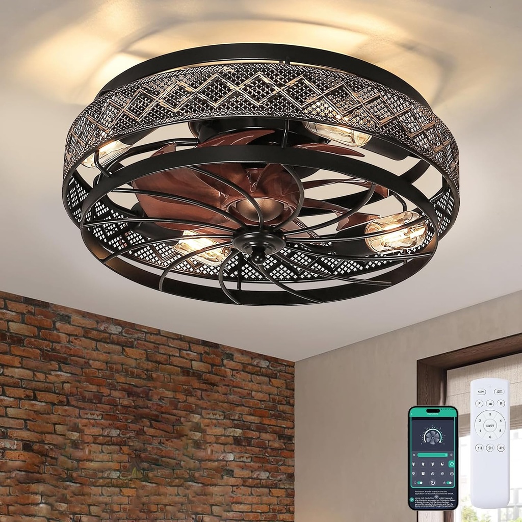 SHIHOT 18" Low Profile Caged Ceiling Fans with Lights and Remote, Flush Mount Ceiling Fan with Light, Bedroom Fan, Small Industrial Black Ceiling Light Fixture, Reversible(Bulbs Not Included)