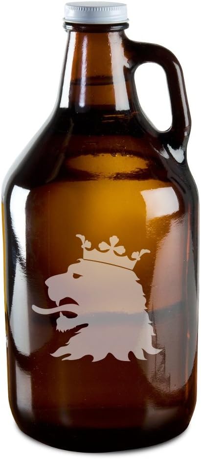 Medieval Crowned Lion Sigil Hand-Made Etched Glass Beer Growler 64 oz
