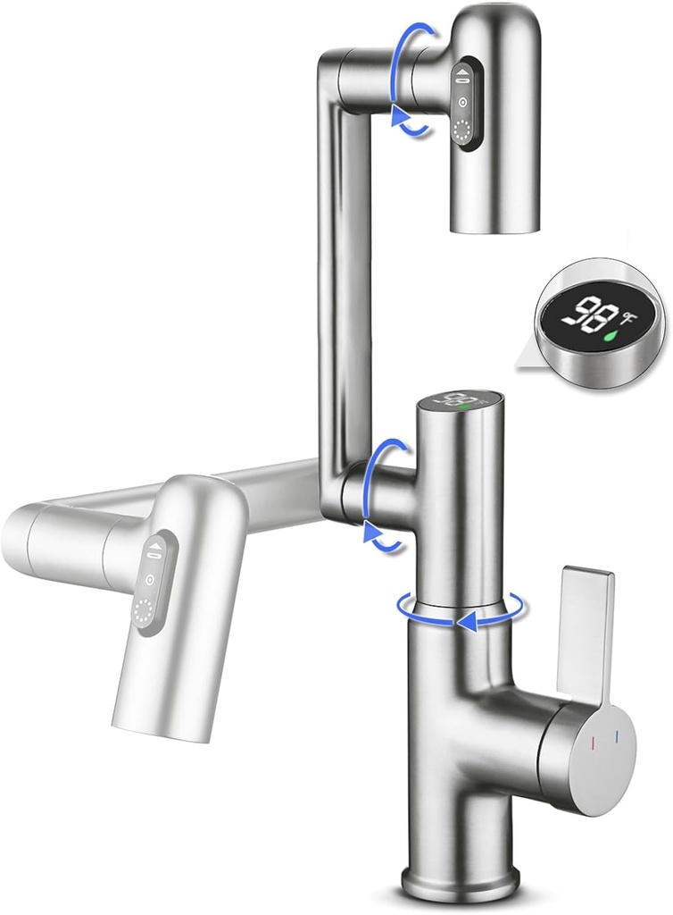 Rotatable Bathroom Faucet with Temperature Display in Fahrenheit(Batteries-Free), Height Adjustable Sink Smart Faucet with 3 Water Settings for Bathroom Lavatory Vanity Sink, LCF-2401, Brushed Nickel