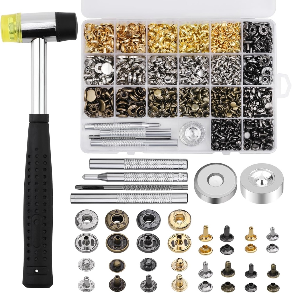 Yizzvb 320 Pcs Leather Rivets Kit, 60 Pcs Leather Snap Fasteners, 2 Size Double Cap Rivets Tubular, Double-Sided Nylon Hammer Fixing Tool Kit, Installation Tools for DIY Projects, Shoes and Repair