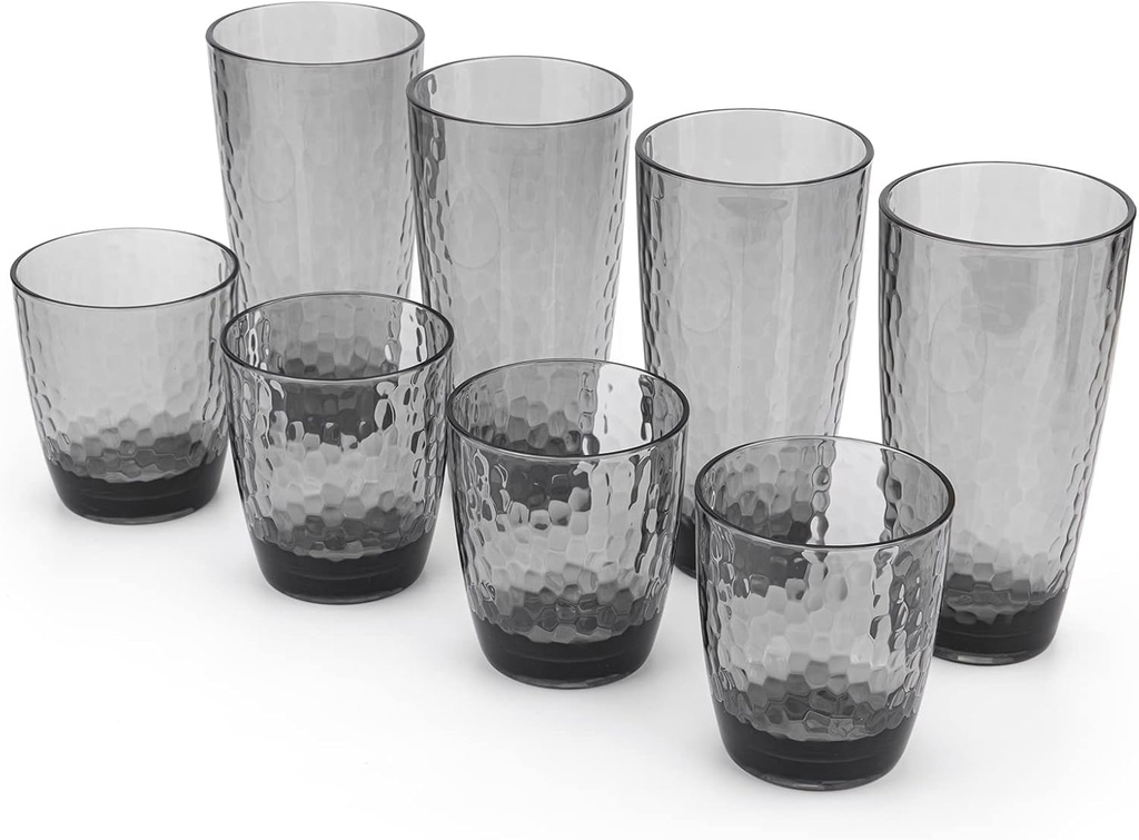 KOXIN-KARLU Hammered 15-ounce and 26-ounce Plastic Tumbler Acrylic Glasses, set of 8 Smoky Grey