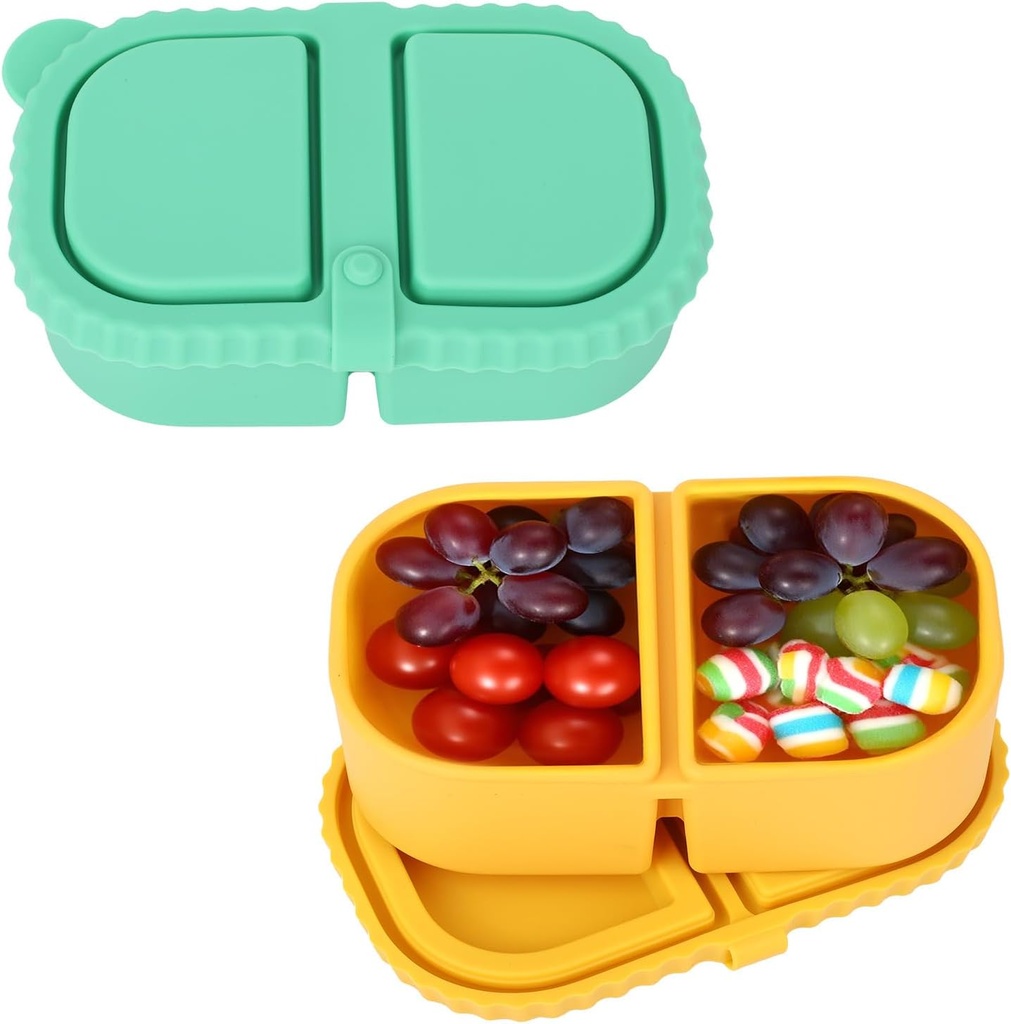 2pcs Double 2 Compartment Snack Containers with Lids, Reusable Silicone Snack Box Boxes Leak-Proof Food Storage Containers for Sauce Condiments Salad