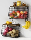 Hanging Wall Fruit Basket for Kitchen Counter 2 Pack, Stackable Wire Baskets for Organizing with Wood Lid, Potato and Onion Storage Bin with Banana Hook for Vegetable Produce, Black + Rustic