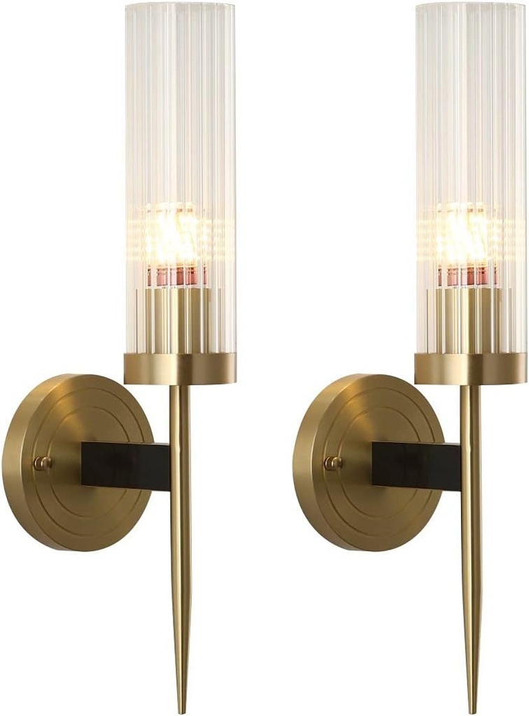 BOKT Modern Cylinder Sconces Wall Lighting Set of Two Mid Century Antique Brass Gold 1-Light Wall Sconce Set of 2 Clear Crystal Glass Wall Sconce Lamp for Bathroom