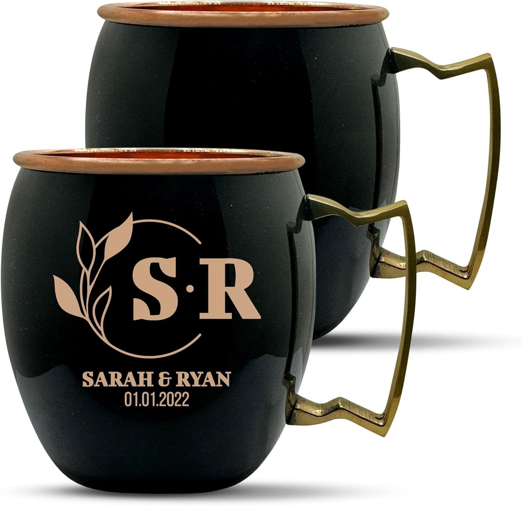 Custom Copper Moscow Mule with Smooth Painted Finish - Engraved Bar Style 100% Copper Cup with Personalized Bold Contrast Wedding Themed Engraving, Brass Handle | 18 oz, Black | Set of 2