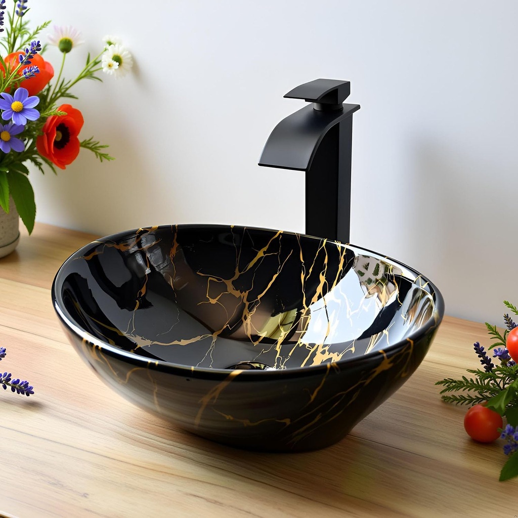 Black Bathroom Sink,Oval Vessel Sink with Waterfall Faucet and Drain Combo 16 Inch Marbling Ceramic Vessel Sink for Above Counter Artistic Bowl Sink
