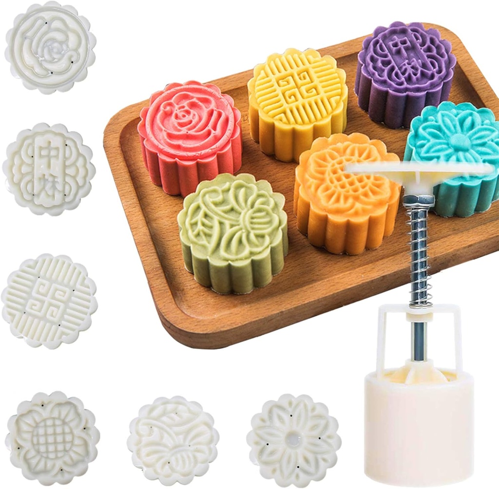 Moon Cake Mold 6 PCS, Mid Autumn Festival DIY Hand Press Cookie Stamps Pastry Tool Moon Cake Maker, Flower Mode Patterns 1 Mold 6 Stamps 50g (White).