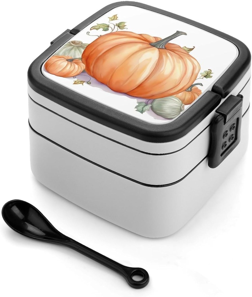Fall Watercolor Pumpkins Bento Box with Spoon, 2-layer Stackable Lunch Box Leak Proof with Invisible Handle, Insulated Food Storage for Office, Picnic & Travel