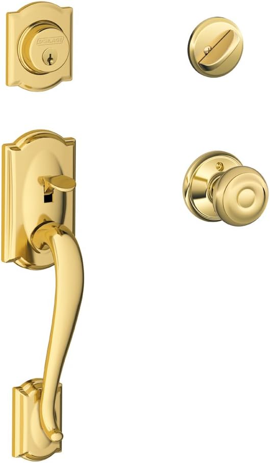 Schlage Camelot Single Cylinder Handleset and Georgian Knob, Bright Brass (F60 CAM 505 GEO 605)