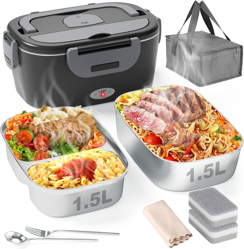 Electric Lunch Box for Men, Women & Adults - 80W Fast Heating - Heated Lunch Box with Dual 1.5L SS Containers - Portable Food Warmer for Car, Truck, Office