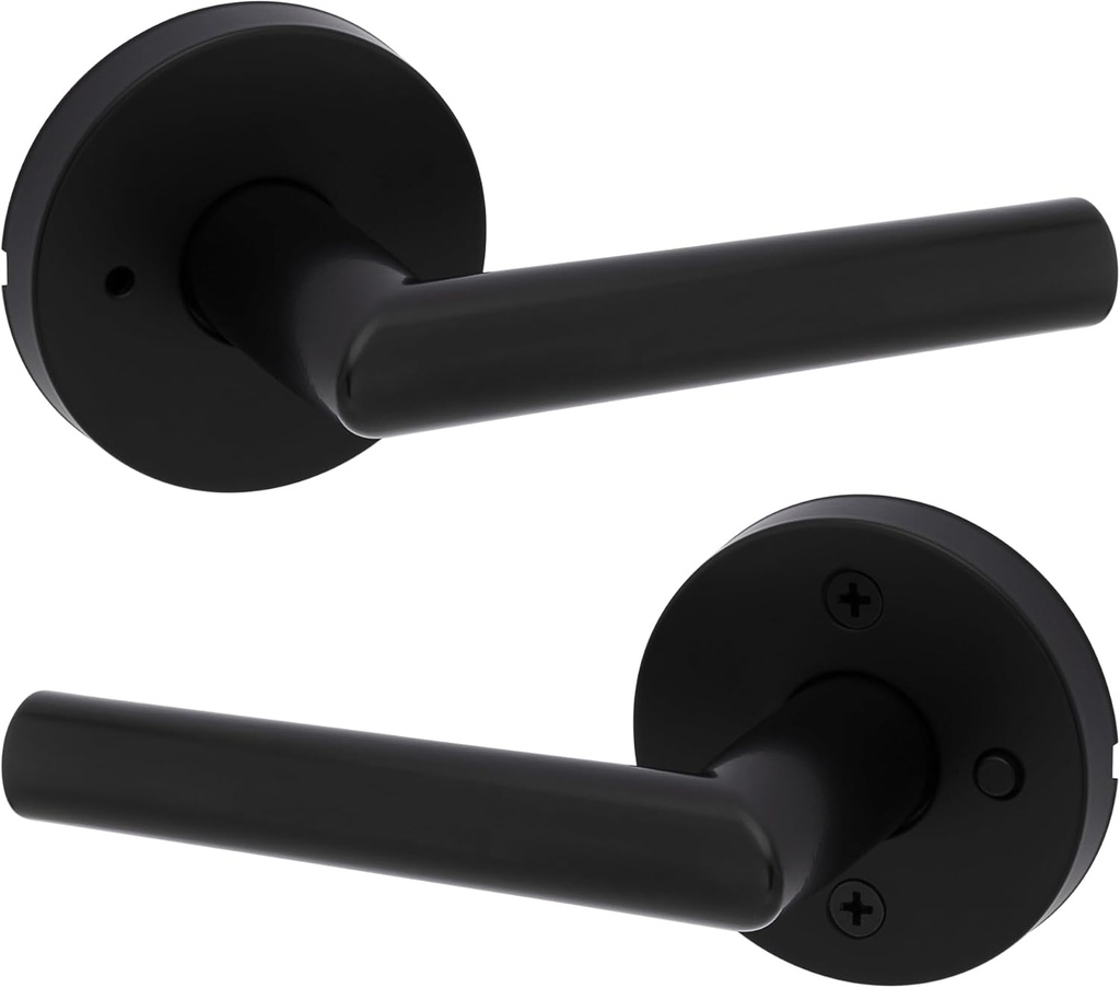 Kwikset Milan Interior Privacy Door Handle with Lock, Door Lever For Bathroom and Bedroom, Matte Black Reversible Keyless Push Button Lock Door Lever