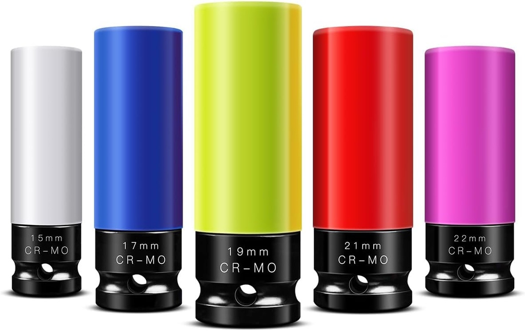 BOEN 1/2" Drive Wheel Protector Impact Socket, Non-Marring Lug Nut Thin Wall Deep Socket Set, CR-MO, 6 Point, Color-Coded Protective Socket | Metric 15 17 19 21 22 mm (5 PCS)