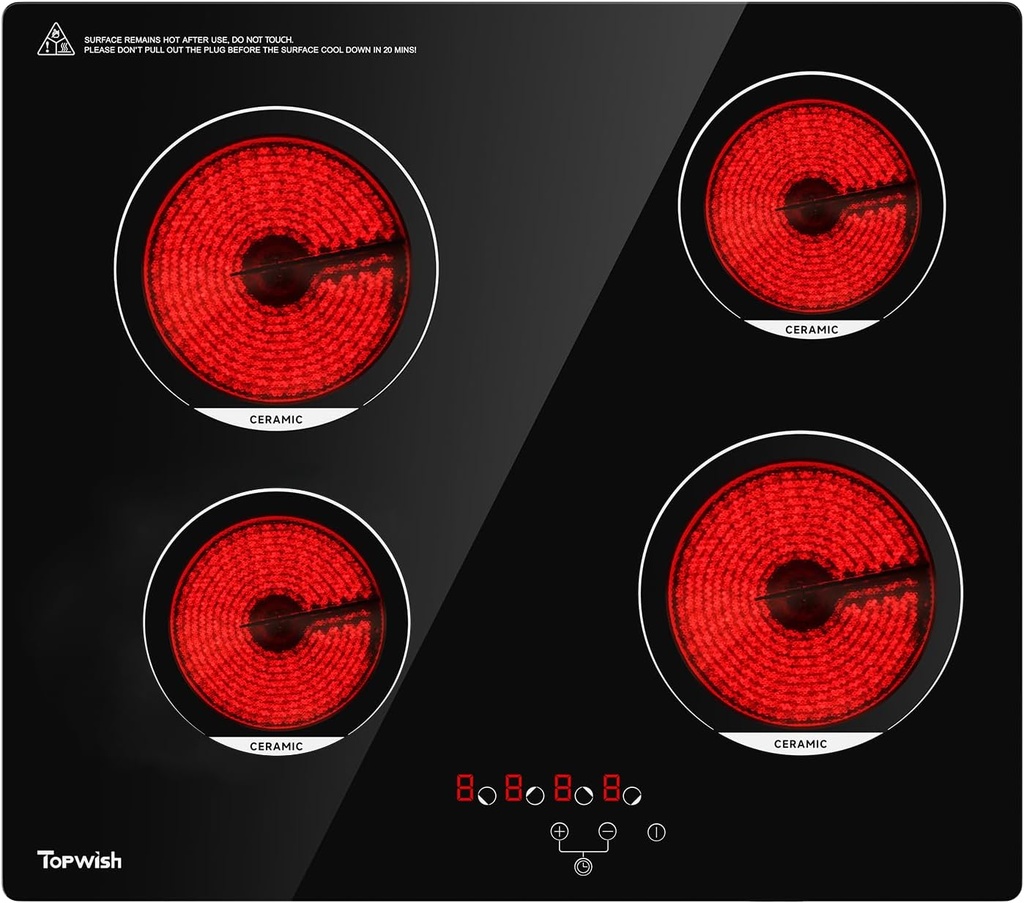 24 Inch Electric Cooktop 4 Burners, Drop-in Ceramic Cooktop, 6000W Radiant Electric Stove Top Burner with Touch Control, Safety Lock, Timer, 220-240v, Hard Wired