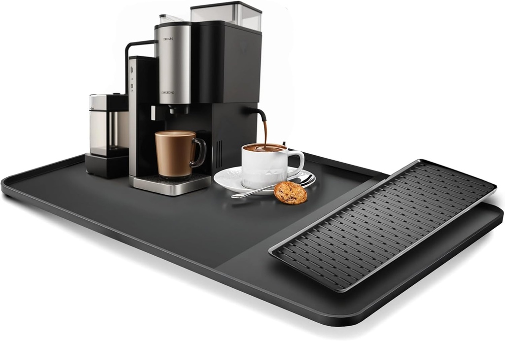 Silicone Coffee Bar Mat 24''x16'' – Detachable Dish Drying Mat for Kitchen Countertops, Non-Slip Coffee Maker Mat, Coffee Pot & Station Mat, Waterproof Under Coffee Maker Pad (Black Straight Lines)