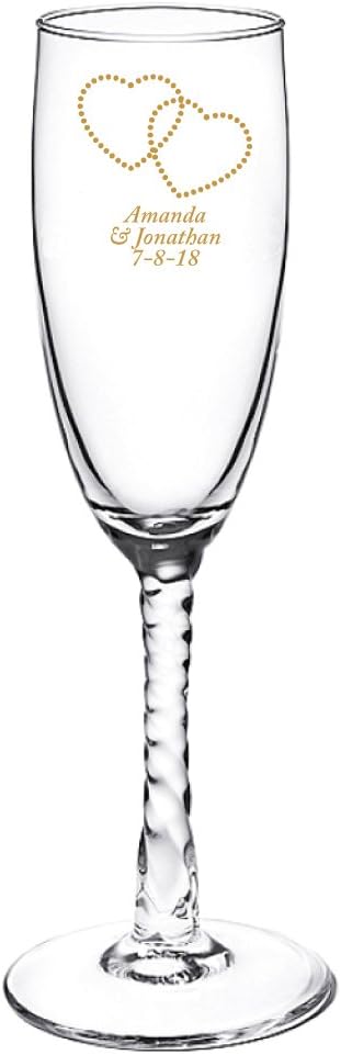 Personalized Color Printed Twisted Stem Champagne Flute - Dotted Hearts - Gold - 12 pack