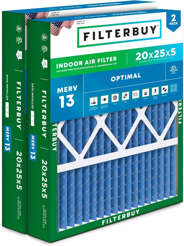 Filterbuy 20x25x5 Air Filter MERV 13 (MPR 1900) Health Defense (2-Pack), Pleated HVAC AC Furnace Filters for Honeywell FC100A1037, Lennox X6673, Carrier, & More (Actual Size: 19.88 x 24.75 x 4.38)