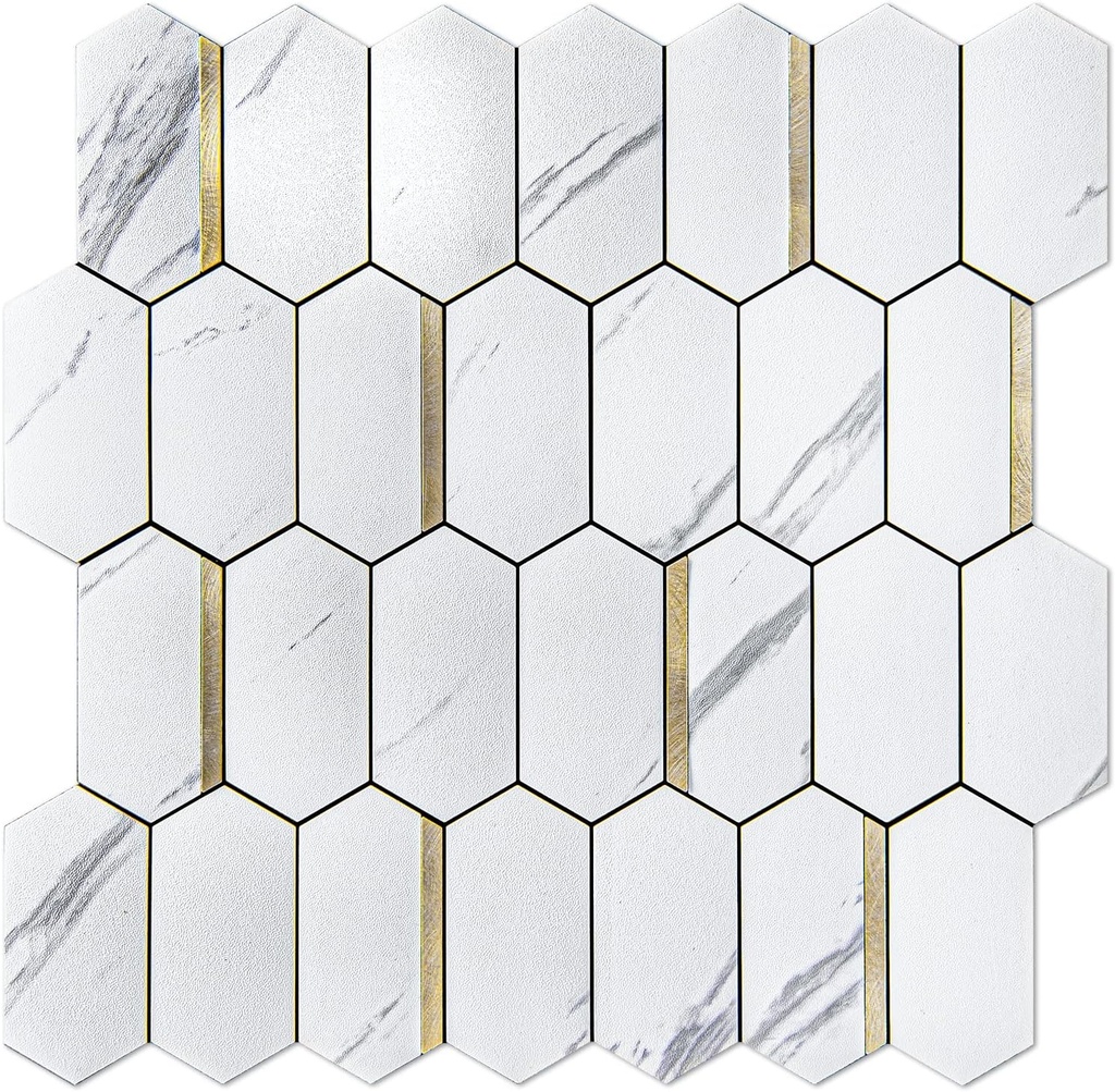 Art3dwallpanels 10-Sheet Hexagon Tile Peel and Stick Backsplash, Stick on Backsplash for Kitchen, Bathroom, Self-Adhesive White Marble Mixed Metal Gold Wall Tiles