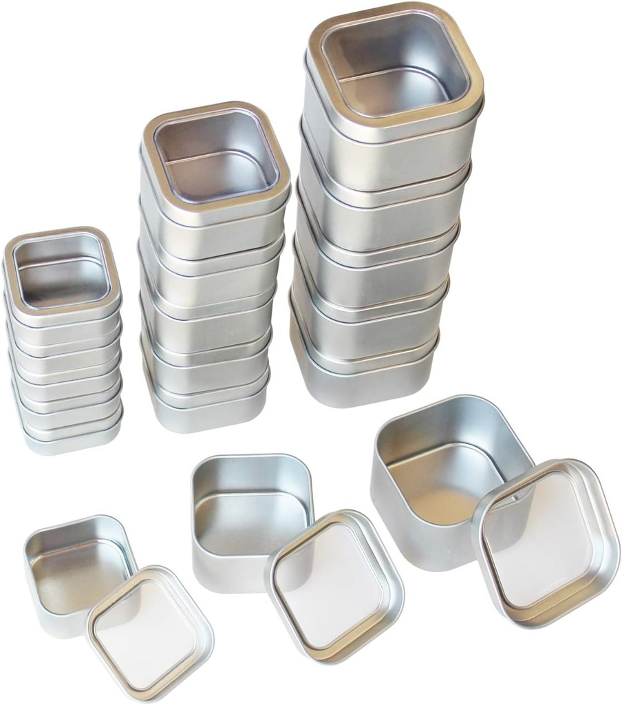18-Pack Empty Square Silver Metal Tins with Clear Window for Candle Making, Candies, Gifts & Treasures, Mixed Sizes